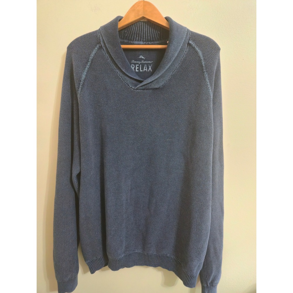 Tommy Bahama Relax Sea Spray Shawl Blue Textured Knit Pullover Sweater Size XL
